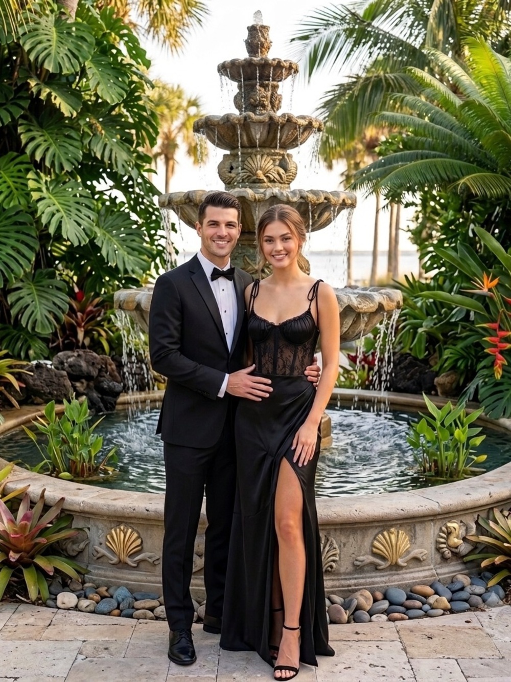 V. Chapman Black Lace Bodice Satin Gown with High Slit